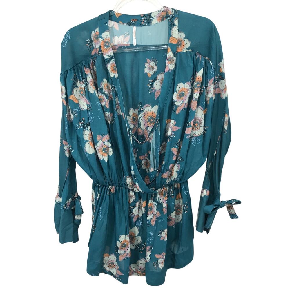 Free People Teal Floral Peplum Dolman Bell Sleeve Blouse Size XS